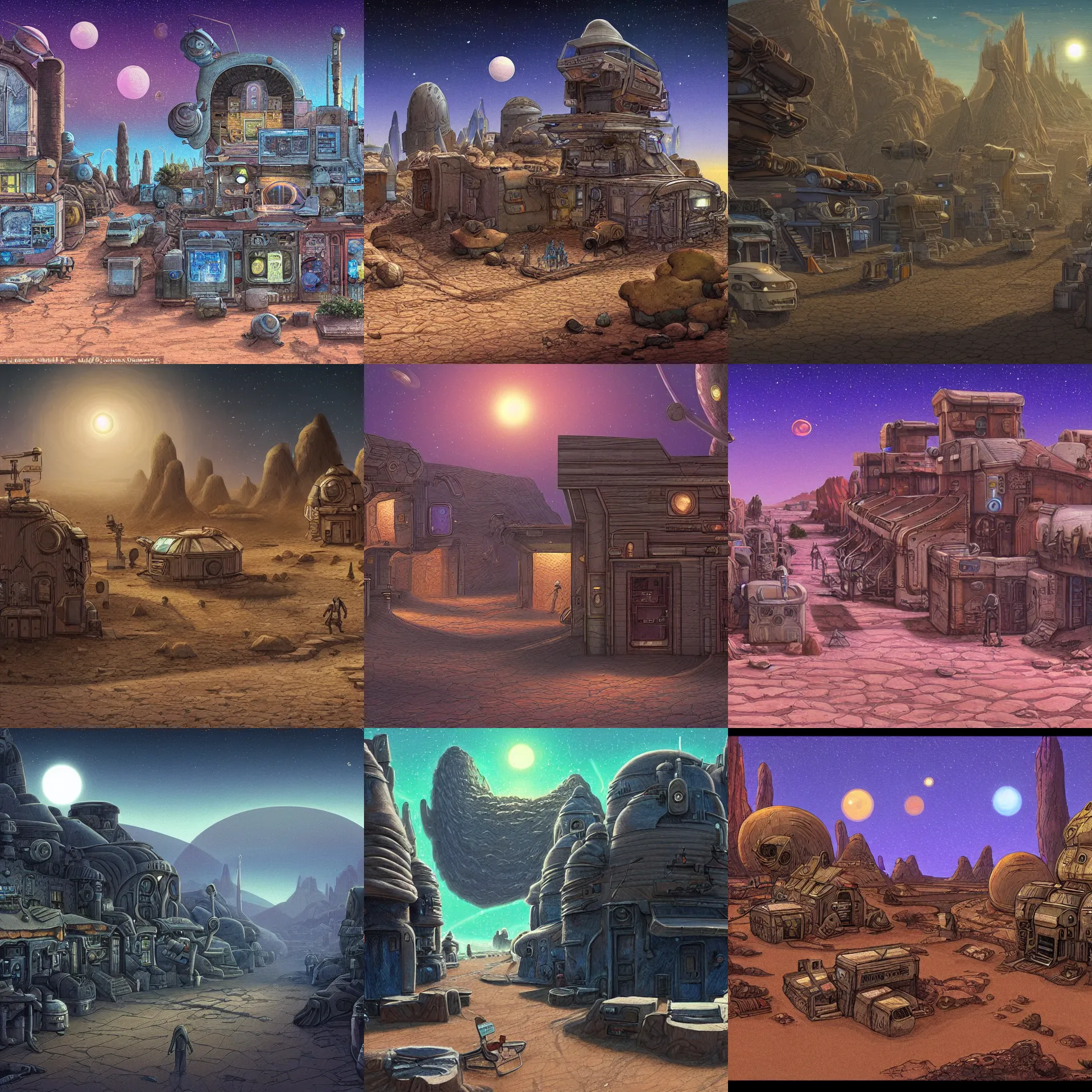 Prompt: main street of a small human colony, on a remote desert planet, from a space themed point and click 2 d graphic adventure game, set design inspired slightly by hg giger, art inspired by thomas kinkade