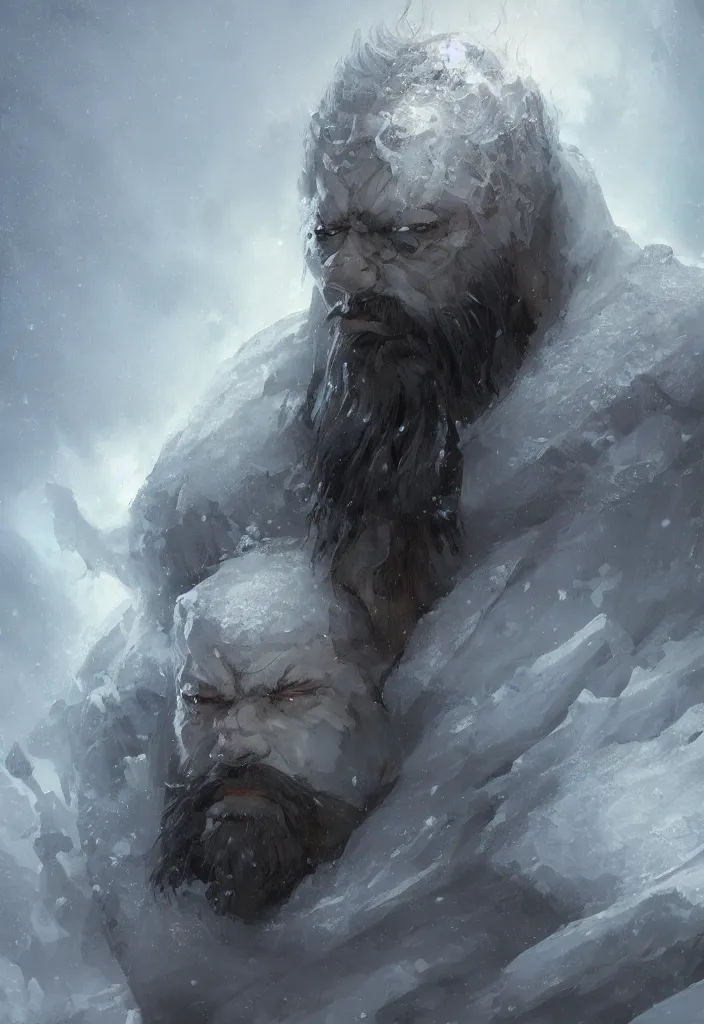 Image similar to portrait of an ice giant, face made of ice and snow, beard, concept art in style of Greg Rutkowski, John Singer Sargant, painted by Frazetta, trending on artstation