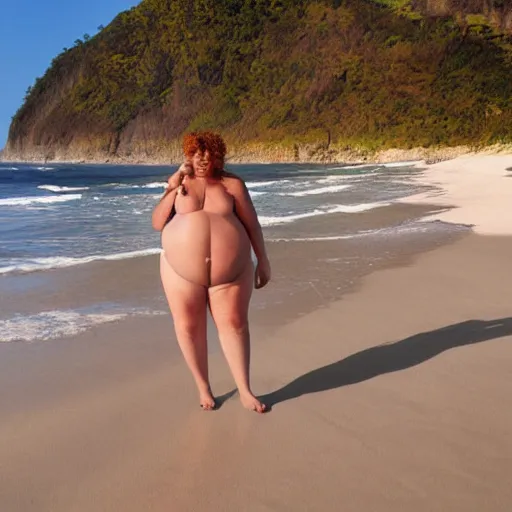 Prompt: Big woman on the beach, realistic photo, high detailed