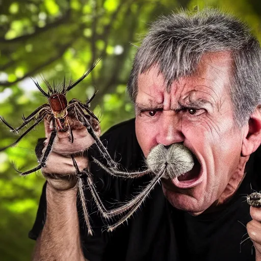 Image similar to National Geographic photo of angry old man with spiders in his mouth