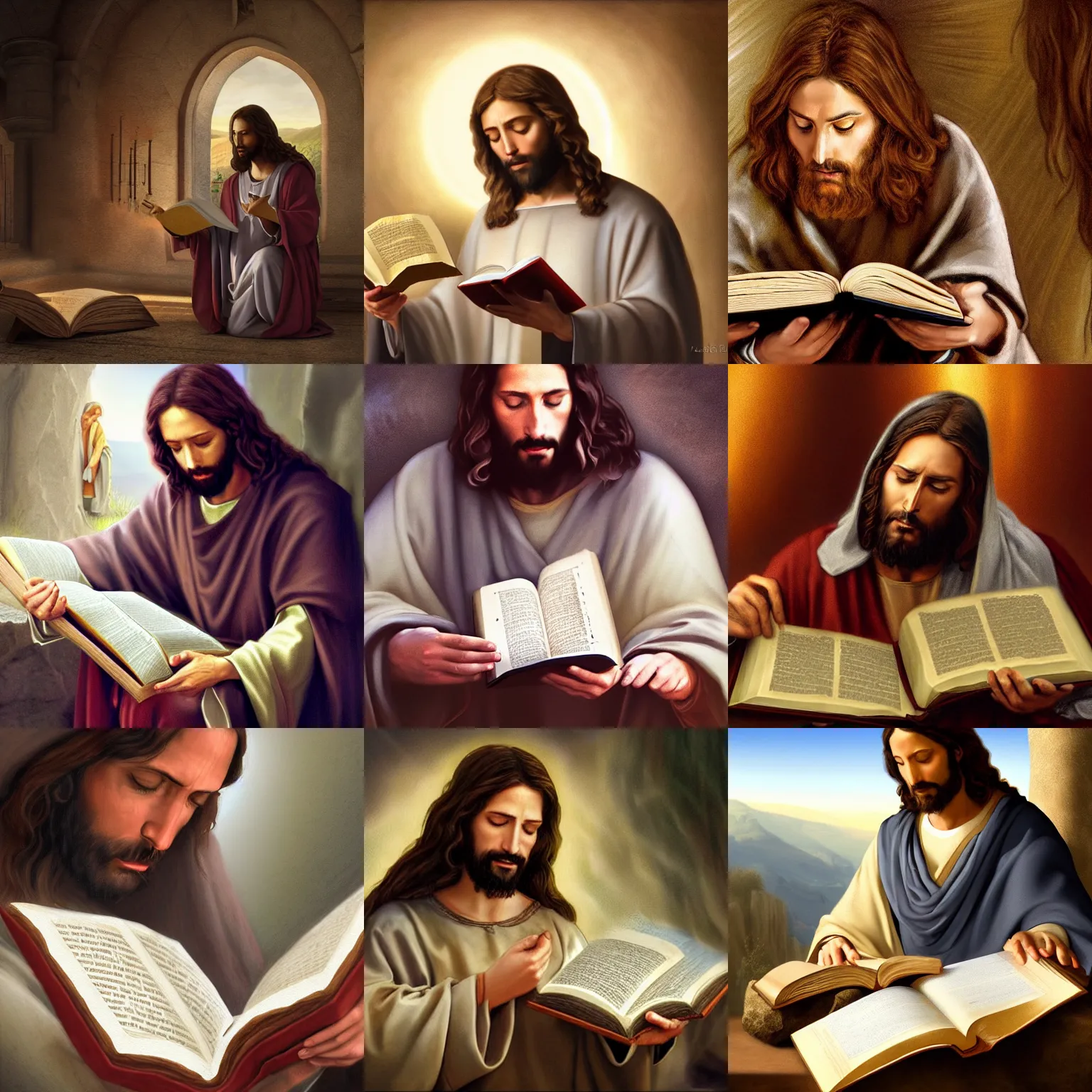 Prompt: illustration of Jesus of Nazaret reading the Bible, realistic painting, high definition, digital art, matte painting, very detailed, realistic
