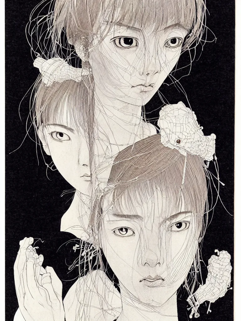 Prompt: prompt: Fragile looking portrait of single female character, portrait face drawn by Katsuhiro Otomo, inspired by folklore, soft face features, alchemical artifacts and mysterious entities attributes and trinkets, clean ink detailed line drawing, intricate detail, manga 1990