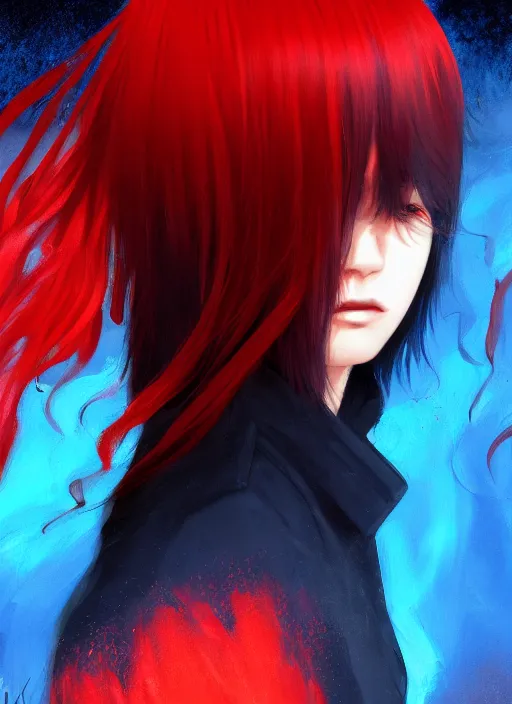 Image similar to red water swirling around rimuru tempest crying, enveloped in ghosts, sky blue straight hair, bangs, with amber eyes, black jacket, high collar, ultra fine detaile, dark theme, digital painting, psychedelic, cinematic, wlop, pixiv, ilya kuvshinov, ross tran