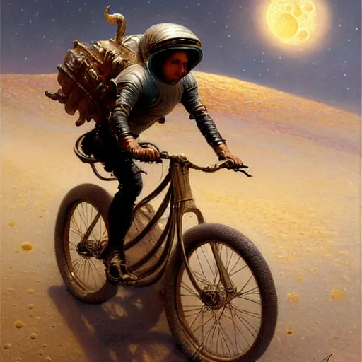 Image similar to a squid riding bicycle on the moon. highly detailed painting by gaston bussiere, greg rutkowski, j c leyendecker 8 k