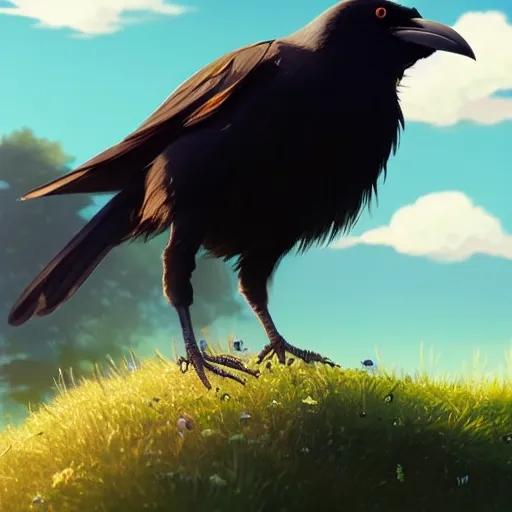 Prompt: a wholesome animation key shot of a crow on a hill, portrait shot, centered subject, studio ghibli, pixar and disney animation, sharp, rendered in unreal engine 5, anime key art by greg rutkowski, bloom, dramatic lighting