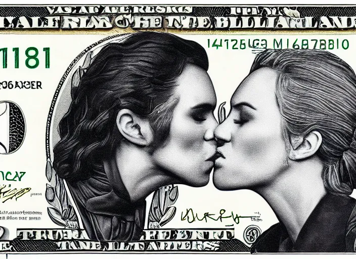 Image similar to reylo kissing, american dollar bill