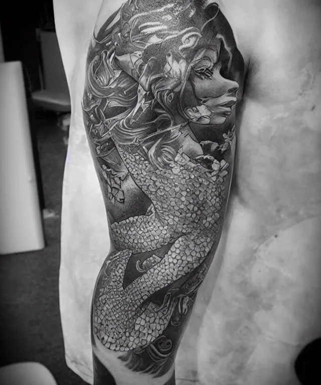Image similar to black and white tattoo, beautiful mermaid, full body
