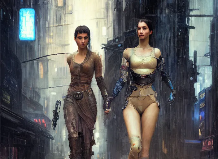 Image similar to maria the android evading blade runner ( blade runner 2 0 4 9, dystopian, cyberpunk 2 0 7 7 character design ). orientalist portrait by john william waterhouse and james gurney and theodore ralli and nasreddine dinet, oil on canvas. cinematic, hyper realism, realistic proportions, dramatic lighting, high detail 4 k