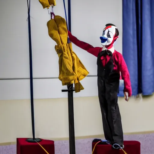 Image similar to puppeteer using a string marionette of a president with clown makeup in a podium