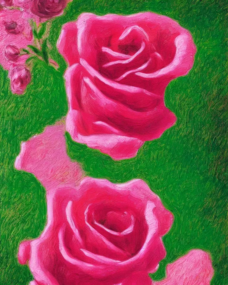 Prompt: achingly beautiful extreme close up painting of blooming pink rose on green background by rene magritte, monet, and turner. piranesi. macro lens.