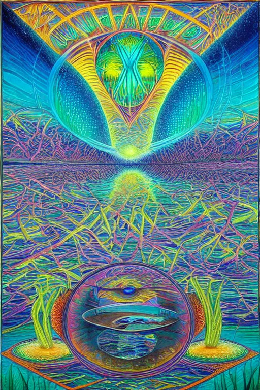 Image similar to beautiful matte solarpunk lake and vision by alex grey