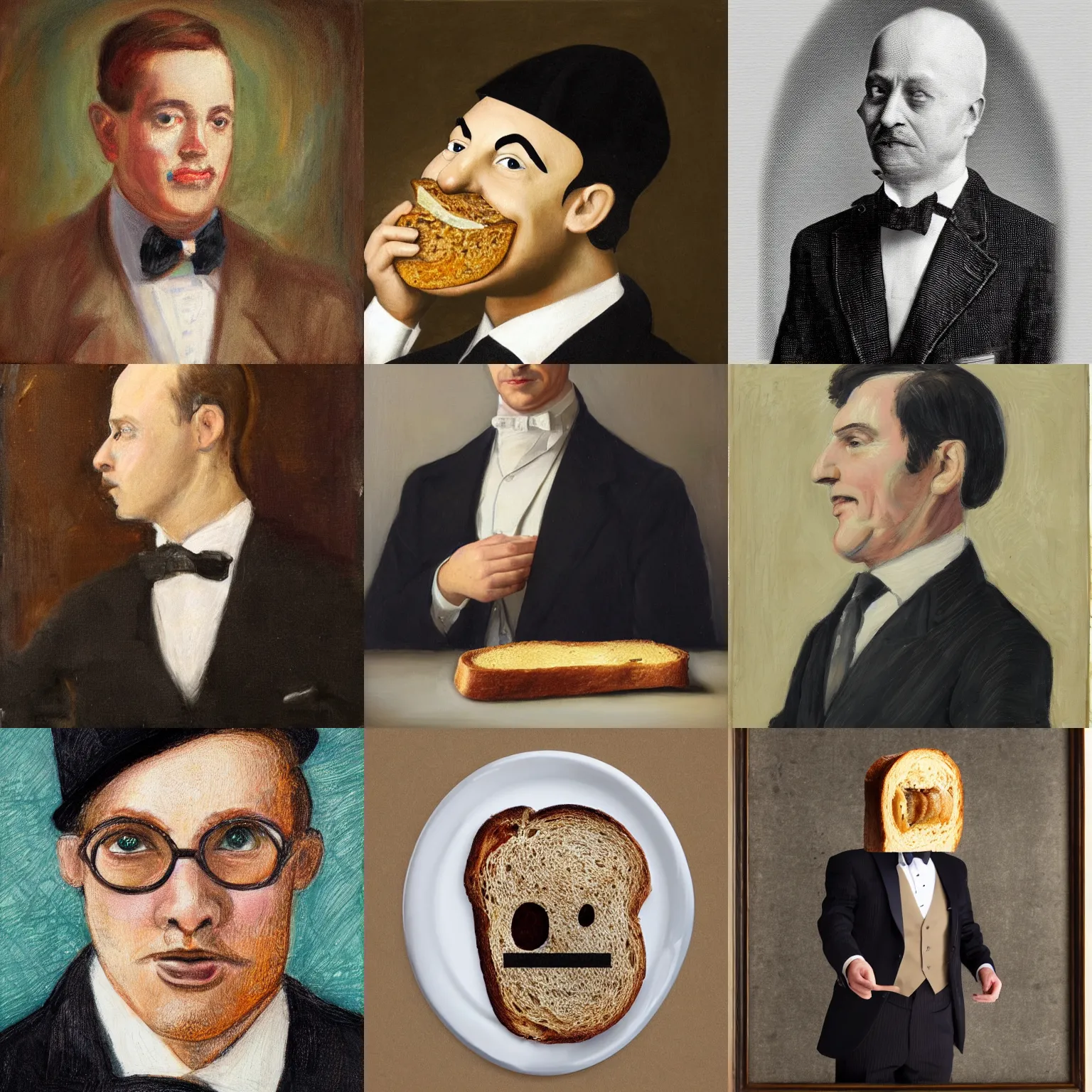 Prompt: portrait of a piece of toast dressed as a wealthy banker, whimsical realism