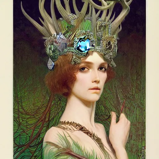 Image similar to a detailed portrait of a green haired queen of feathers with an antler crown by wayne barlowe and mucha