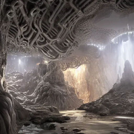 Prompt: large futuristic alien machines and intricate chrome alien technology inside of a cave, RBG LEDs, insanely detailed, complex reflective machinery, stalagmites, stalactites, jeweled technology, volumetric lighting, ultrafine detail, octane render, ray tracing, 8k photography