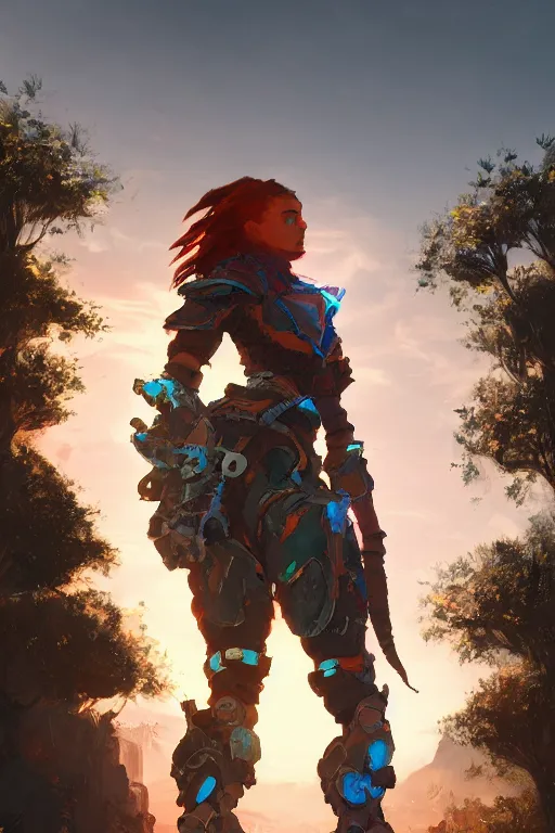 Image similar to combination suit armor aloy horizon forbidden west horizon zero dawn radiating a glowing aura global illumination ray tracing hdr fanart arstation by ian pesty and alena aenami artworks in 4 k tribal robot ninja mask helmet backpack