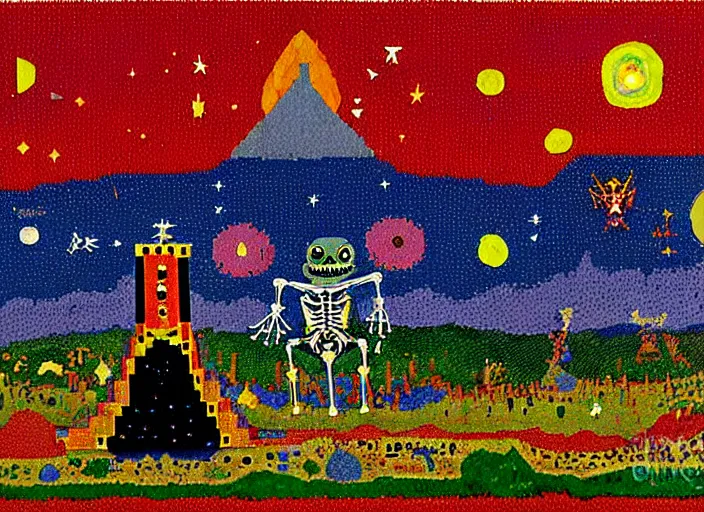 Image similar to pixel decollage painting tarot lovers card composition tower of babel road red armor maggot bear and wonky alien frog skeleton knight on a horse in a dark red cloudy night sky with golden foil jewish stars and diamonds, mountain lake and blossoming field in background, painted by Mark Rothko, Helen Frankenthaler, Danny Fox and Hilma af Klint, pixelated, neo expressionism, semi naive, pastel colors, cinematic, color field painting, cave painting, voxel, pop art look, outsider art, minimalistic. Bill Traylor painting, part by Philip Guston, Amano and Francis Bacon. art by Adrian Ghenie and Storm Thorgerson, very coherent symmetrical artwork, cinematic, hyper realism, high detail, octane render, unreal engine, Smooth gradients, depth of field, full body character drawing, extremely detailed, 8k, extreme detail, intricate detail, masterpiece