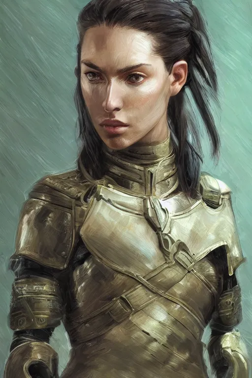 Prompt: a professional portrait of a young female warrior, clothed in military-style battle armor, olive skin, long dark hair, beautiful bone structure, symmetrical facial features, green eyes, intricate, elegant and graceful, digital painting, concept art, smooth, sharp focus, illustration, finely detailed, from Metal Gear by Ruan Jia and Mandy Jurgens and Artgerm and William-Adolphe Bouguerea, award winning art, trending on Artstation