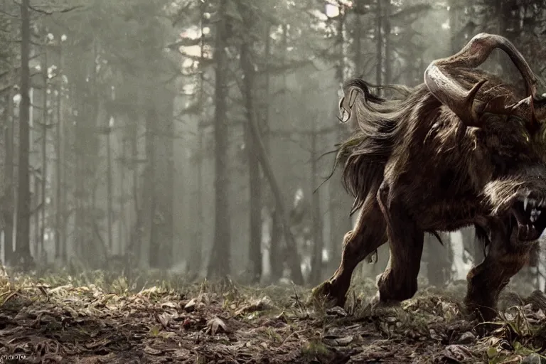 Image similar to vfx movie closeup detailed ancient warrior orc hunting elk in the forest, natural lighting by emmanuel lubezki