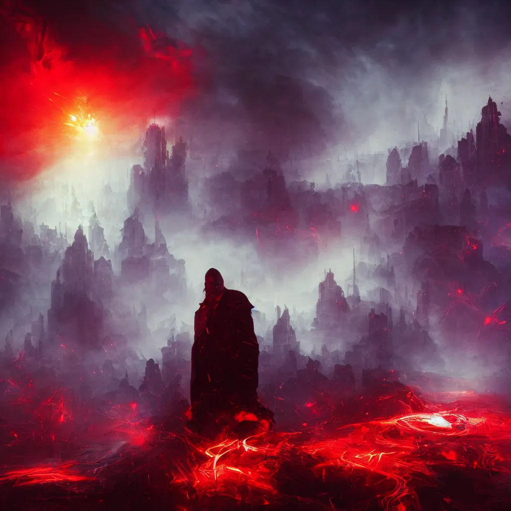 Image similar to an aesthetic portrait of the mad king, with his red lazer eyes beaming across the city of blood and prisms by john harris and mark simonetti and leonid afremov and ivan aivazovsky, unreal engine, hyperrealistic, vray, unsplash photo contest winner, digital art, cyberwave, neon, cinematic