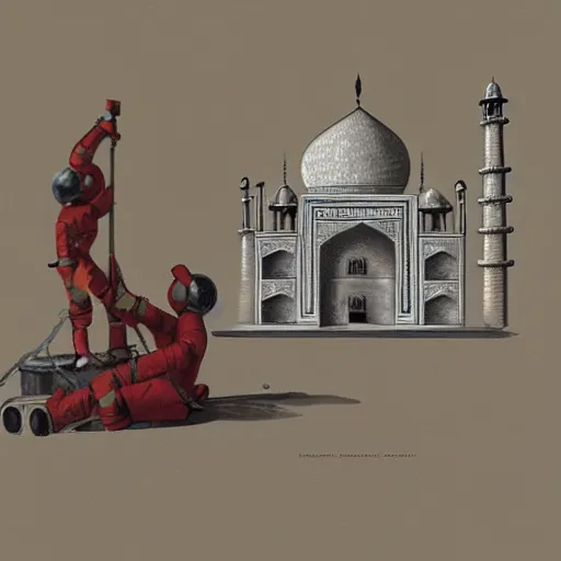 Image similar to an astronaut constructing the Taj Mahal for his lover, concept art