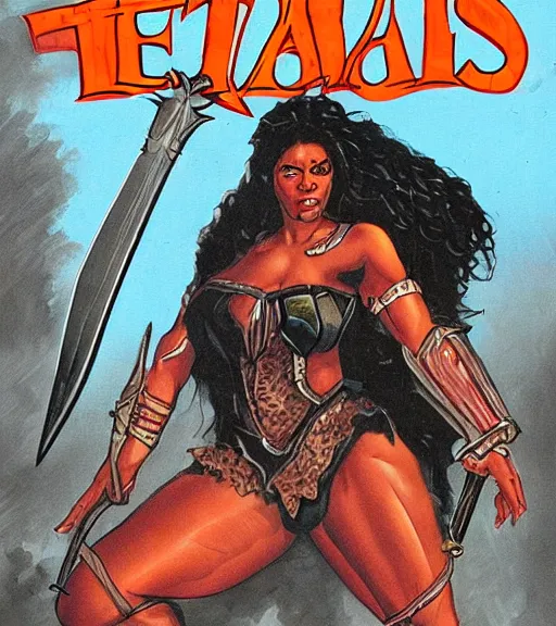 Prompt: 1 9 8 0 s fantasy novel book cover, amazonian la'tecia thomas in extremely tight bikini armor wielding a cartoonishly large sword, exaggerated body features, dark and smoky background, low quality print