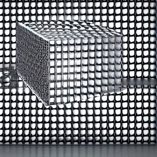 Prompt: abstract honeycomb structure inside a acrylic cube in a dark grey background