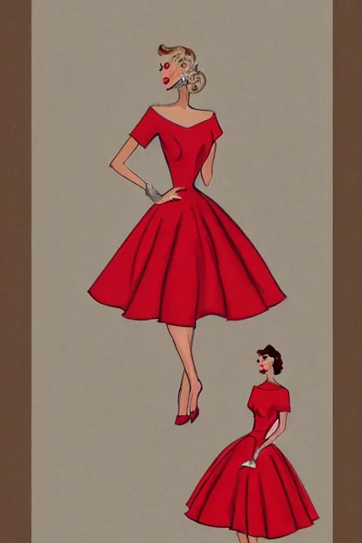 Prompt: an elegant fashion illustration of a beautiful red 5 0 s dress