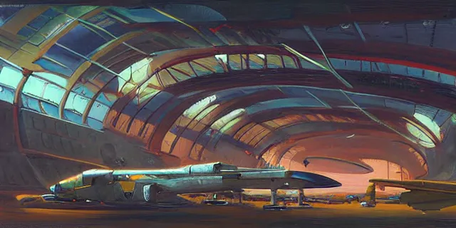 Image similar to a painting of a sci fi hangar, by jesper ejsing