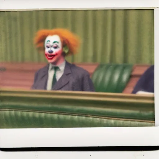 Image similar to a polaroid of a highly detailed beautiful close up of a british member of parliament in the house of commons wearing pastel coloured clown costumes, they are smoking cannabis. flat, crisp, but in the style of edward hopper, richard hamilton. concept art. green leather benches. photographic. concept. crisp. no artefacts. high fidelity facial portrait. 8 k