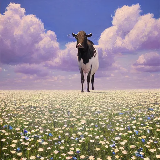 Image similar to Hyper realistic oil painting of a cow standing in the middle of a field of daisies, blue sky, high contrast, by greg rutkowski, trending on artstation