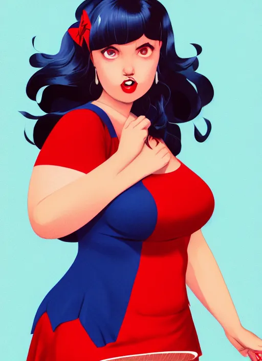 Image similar to full body portrait of teenage veronica lodge, obese, bangs, sultry, realistic, sultry smirk, wavy hair, red skirt, fat, belly, intricate, elegant, glowing lights, highly detailed, digital painting, artstation, concept art, smooth, sharp focus, illustration, art by wlop, mars ravelo and greg rutkowski