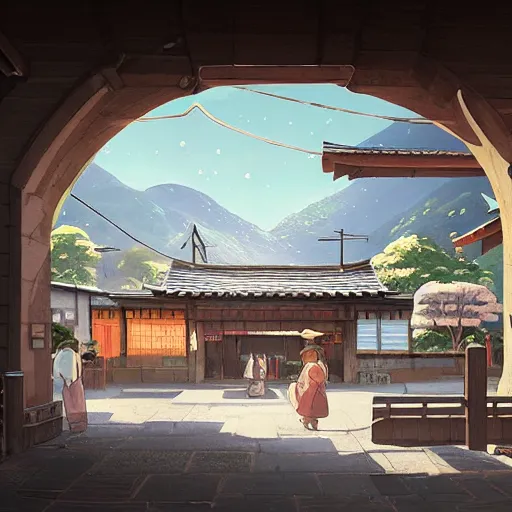 Prompt: concept art painting of an english european bakery building with japanese architecture, in a mountain village, cozy, realistic, detailed, cel shaded, in the style of makoto shinkai and greg rutkowski and james gurney