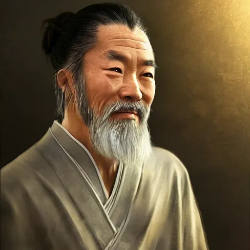 Image similar to portrait painting of a 6 0 year old kind handsome chinese taoist priest, like liangchao wei, silver ponytail hair, amiable by wenjun lin, irakli nadar, bright colors, octopath traveler, wenjun lin, unreal engine 5 highly rendered, global illumination, radiant light, detailed and intricate environment