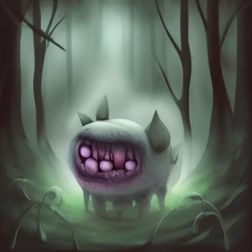 Prompt: Cuddly slime creature wandering a dark deep forest, Airbrush Style, Foggy, Moody, Horror