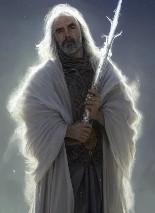 Image similar to Portrait of Sean Connery, white glowing eyes, silver shaggy hair, cloak, ethereal wings, male, fantasy, extremely detailed, digital painting, artstation, concept art, smooth, sharp focus, illustration, stunning lighting, art by artgerm and greg rutkowski and alphonse mucha and simon stalenhag, realistic character concept, high fantasy, light atmosphere, golden ratio, cinematic lighting, hyperdetailed, high resolution, insanely detailed and intricate, artstation, Marc Simonetti, Greg Rutkowski, 8k