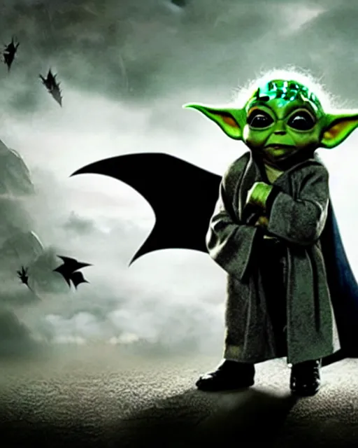 Prompt: epic action still of baby yoda wearing batman outfit as batman in the style of batman the dark knight rises