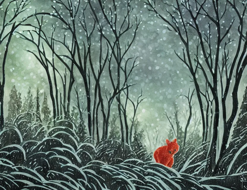 Prompt: wild, lush chia pet frolicking in snowy woods, stormy skies. russian fairytale art, gouache, dynamic composition, backlighting