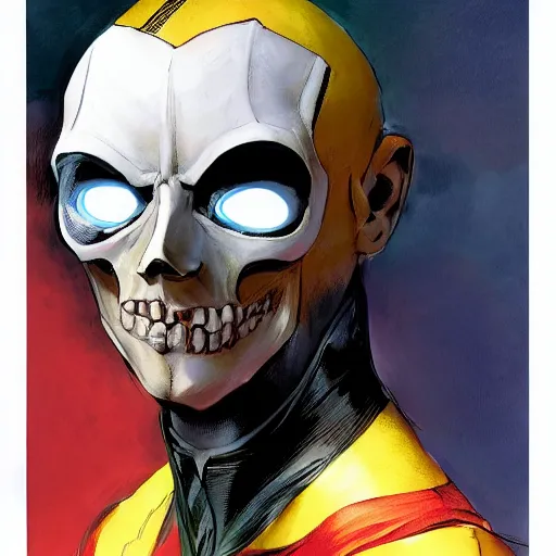 Prompt: Alex Ross and Sergio Bleda and Jérémy Petiqueux and Alex Maleev artwork of a portrait of a boy super scientest in a scace suit exoskelton costume