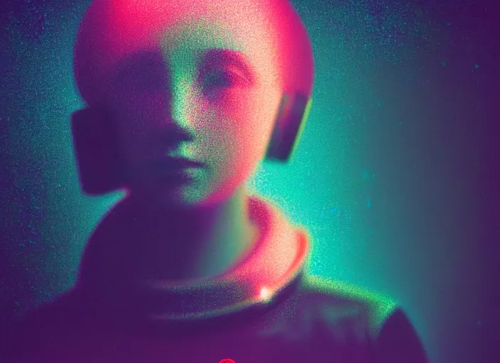 Prompt: ( ( dithered ) ), portrait of a young astronaut girl, colorful, modern art deco, mads berg, karolis strautniekas, christopher balaskas, stippled light, fog, moody, fine texture, editorial illustration, dramatic lighting, dynamic composition, detailed, matte print, dynamic perspective, muted color