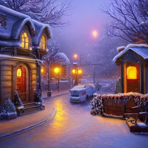 Image similar to town inspired by Evgeny Lushpin,winter,nighttime,post box,cinematic,art station