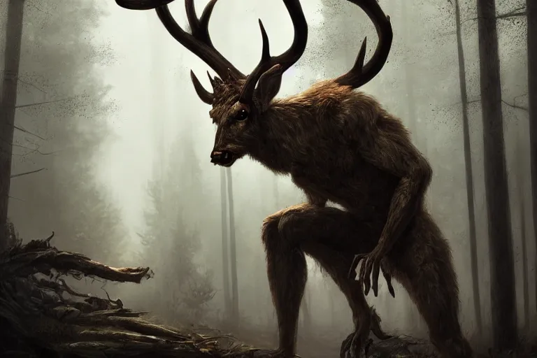 Prompt: anthropomorphic humanoid crouching deer monster in a dark moonlit forest, horror, highly detailed, crouching humanoid, human-like, whole body, by Greg Rutkowski, trending on artstation, 4k