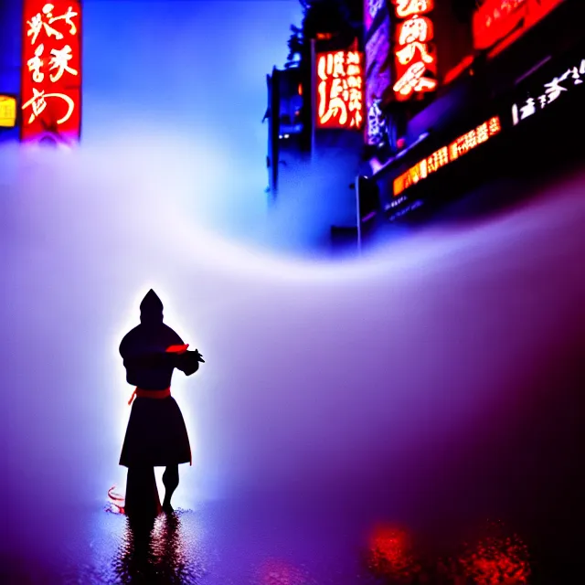 Prompt: cyber monks fight water dance supreme water fist, detailed animal form water, fighting stance energy, shibuya prefecture, cinematic neon uplighting, fog mist smoke, photorealistic, night photography by tomino - sama