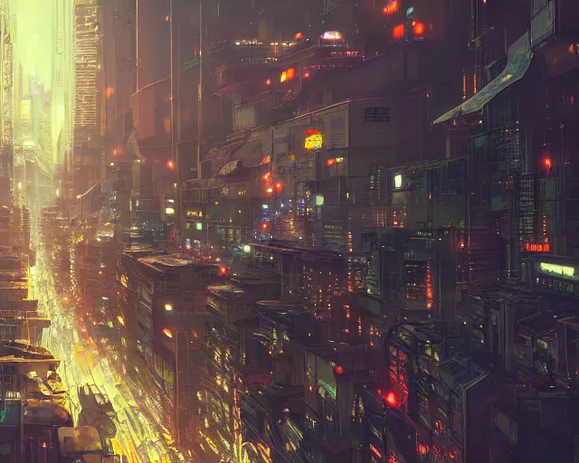 Image similar to panoramic view of a cyberpunk city at night, bokeh lights, anime, ilya kuvshinov, guweiz, greg rutkowski, concept art, digital painting, cinematic, extreme detail, expansive