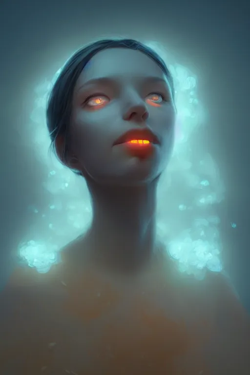Image similar to Bioluminescent, Her breath shot a haze of steam out into the frosty morning air concept, soft light, soft mood, realistic body features and face, illustration, painting oil on canvas by Elena Zhurikhina and Goro Fujita and Charlie Bowater, octane render trending on artstation, 4k, 8k, HD