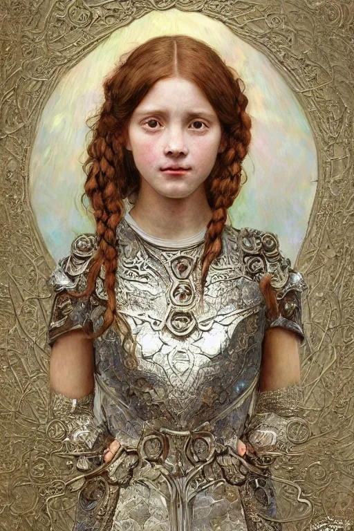 Prompt: a head and torso art nouveau portrait of a 16-year old sun goddess who resembles Anne of Green Gables with a worried, intense gaze and slightly opened mouth, ornate intricate mother-of-pearl battle armor, intricate, elegant, highly detailed, digital painting, artstation, concept art, smooth, sharp focus, illustration, art by John William Waterhouse and Bouguereau and Donato Giancola and alphonse mucha