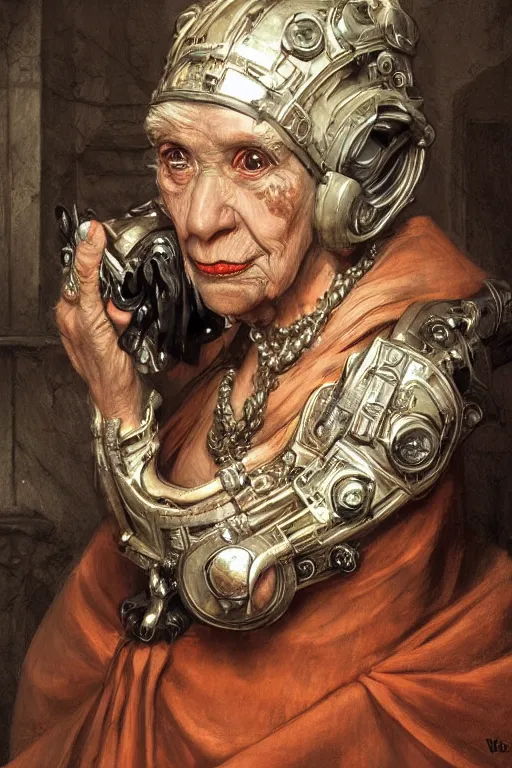 Prompt: portrait, headshot, digital painting, of a old 17th century, old lady cyborg merchant, amber jewels, implants, baroque, ornate clothing, scifi, futuristic, realistic, hyperdetailed, chiaroscuro, concept art, art by waterhouse and witkacy