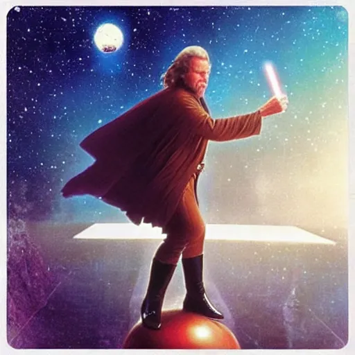 Image similar to “a Star Wars A New Hope movie shot, Jeff Bridges from The Big Lebowski as a Jedi levitating a bowling ball above a swamp on Dagobah” —W 1080