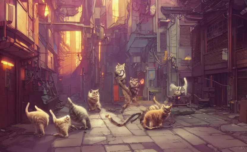 Prompt: a group of cats with one cat stretching in an alleyway in a space opera cyberpunk studio ghibli animated film, volumetric lighting, octane render by anime, stanley artgerm lau, greg rutkowski, thomas kindkade, alphonse mucha, loish, norman rockwel, highly detailed