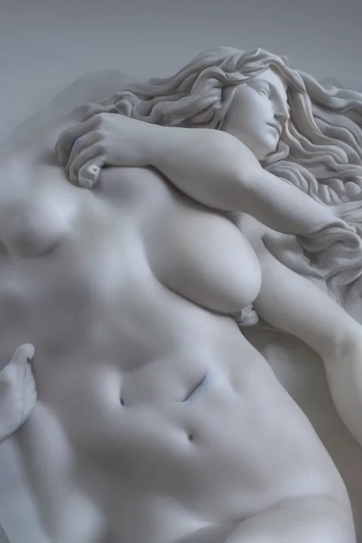 Prompt: Marble Sculpture of Aphrodite lying on a silk cloth, fog, volumetric lighting, inspired by The Birth of Venus by Sandro Botticelli, trending on artstation.