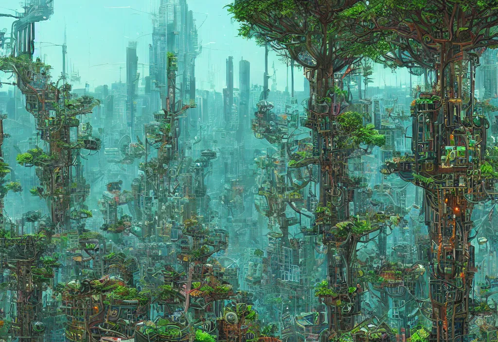 Biopunk City With A Very High Tree With Leaves That 